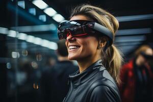 portrait of smiling woman wearing Virtual Reality glasses, blurred office background. photo