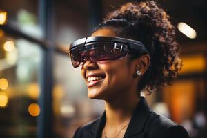portrait of smiling woman wearing Virtual Reality glasses, blurred office background. photo