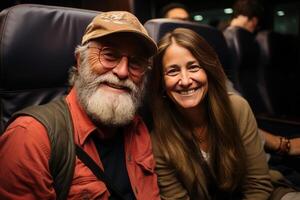 portrait selfie happy tourist couple taking selfie inside airplane . photo