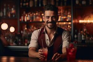 retrato sonriente barman mezclas un cóctel en un criba vibradora. ai generado foto