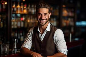 retrato sonriente barman mezclas un cóctel en un criba vibradora. ai generado foto