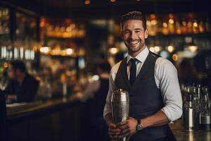 portrait smiling bartender mixes a cocktail in a shaker. photo
