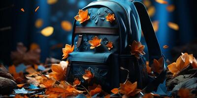 school backpack with pencils and leaves. photo