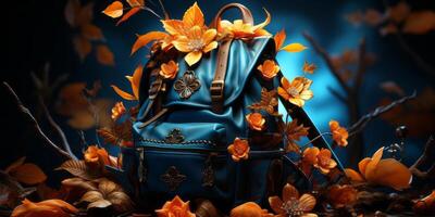 school backpack with pencils and leaves. photo