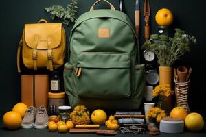 school supplies with a backpack, in the style of dark yellow and light green. photo