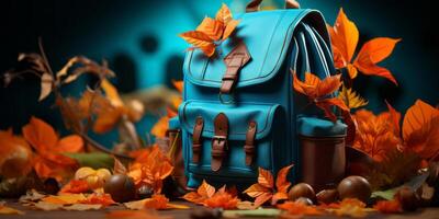 school backpack with pencils and leaves. AI Generated photo