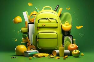 school supplies with a backpack, in the style of dark yellow and light green. AI Generated photo