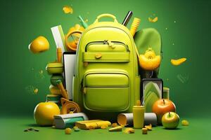 school supplies with a backpack, in the style of dark yellow and light green. photo