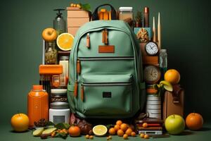 school supplies with a backpack, in the style of dark yellow and light green. photo
