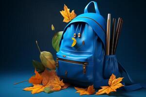 school backpack with pencils and leaves. AI Generated photo