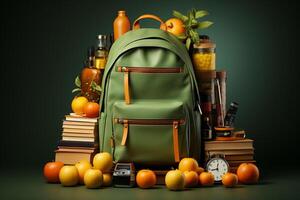 school supplies with a backpack, in the style of dark yellow and light green. photo