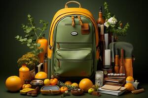 school supplies with a backpack, in the style of dark yellow and light green. photo