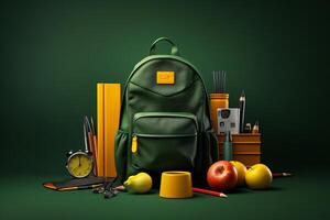school supplies with a backpack, in the style of dark yellow and light green. photo