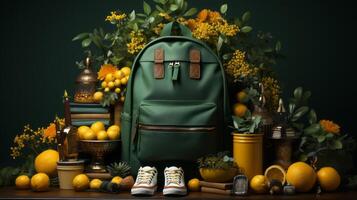 school supplies with a backpack, in the style of dark yellow and light green. photo