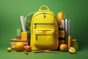 school supplies with a backpack, in the style of dark yellow and light green. photo