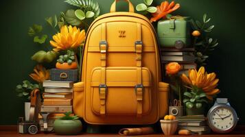 school supplies with a backpack, in the style of dark yellow and light green. photo