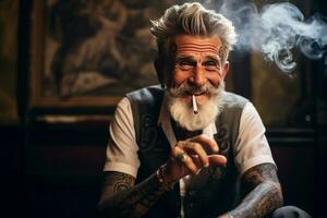 smiling old tattooed fashion man with bold hair smoking a cigarette. AI Generated photo