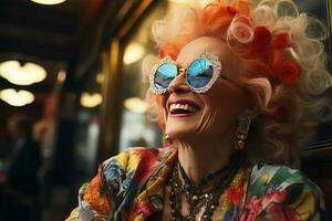 smiling old tattooed fashion woman with bold hair smoking a cigarette. AI Generated photo