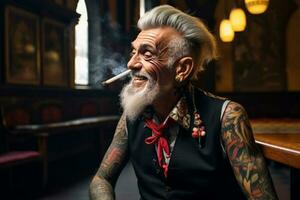 smiling old tattooed fashion man with bold hair smoking a cigarette. AI Generated photo