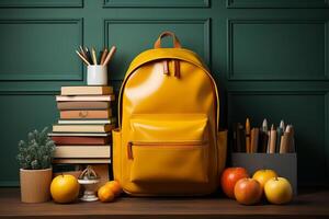 school supplies with a backpack, in the style of dark yellow and light green. photo