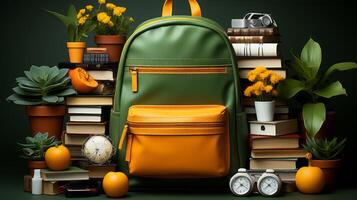 school supplies with a backpack, in the style of dark yellow and light green. photo
