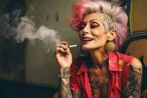 smiling old tattooed fashion woman with bold hair smoking a cigarette. AI Generated photo