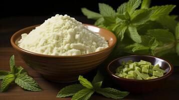 stevia sugar in the wooden bowl, with fresh stevia leaves. AI Generated photo