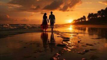 puesta de sol playa con Pareja participación manos. ai generado foto