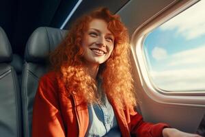 smiling redhead woman sitting on passenger seat, airplane. AI Generated photo