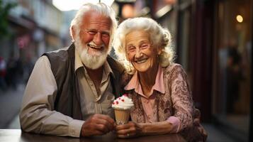 sweet senior couple eating ice cream AI Generated photo