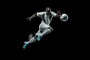 fútbol jugador en medio aire pateando pelota en un negro antecedentes . ai generado foto