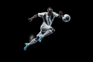 soccer player in mid air kicking ball on a black background . AI Generated photo