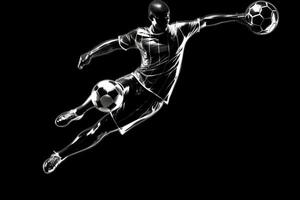 soccer player in mid air kicking ball on a black background . photo