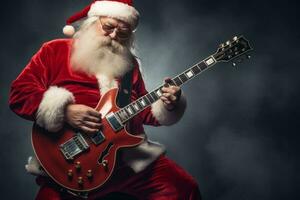 A person dressed as Santa Claus plays electric guitar. AI Generated photo