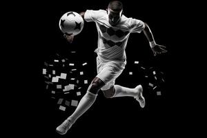 soccer player in mid air kicking ball on a black background . AI Generated photo