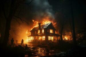 A burning house sitting on fire by the dark night. AI Generated photo