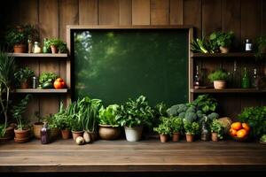 big empty green blackboard on a wall in the agriculture storage. photo