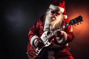 A person dressed as Santa Claus plays electric guitar. AI Generated photo