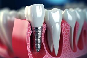 Dental implantation, teeth with implant screw, illustration. photo