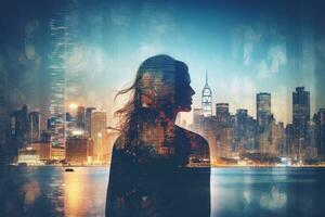 Double exposure of female silhouette and modern city. AI Generated photo