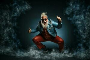 funky fat crazy Santa Claus with big abdomen beard dance x-mas Christmas holly party club wear. AI Generated photo