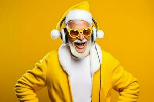 miedoso loco Papa Noel claus DJ auriculares canta canción sonido melodía escucha música en amarillo antecedentes. ai generado foto