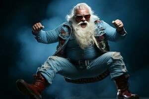 funky fat crazy Santa Claus with big abdomen beard dance x-mas Christmas holly party club wear. AI Generated photo
