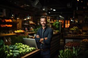 Happy male store owner at cafe or grocery with arms. AI Generated photo