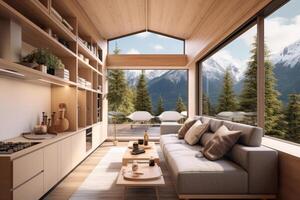 modern style interior architecture of chic minimalist tiny wooden house. AI Generated photo