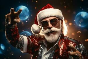 old man grey beard hold vintage disco ball dance funky wear santa x-mas costume. AI Generated photo