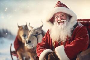 a happy and cheerful Santa Claus standing by a sleighs in North Pole.. AI Generated photo