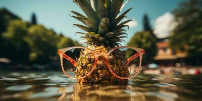 pineapple wearing sunglasses in a tree on the shore. AI Generated photo