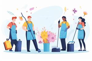 Professional mixed race janitors in uniform doing spring cleaning of modern house. photo