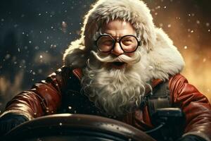 Santa Claus driving red sports car on Christmas day's, delivering presents.. AI Generated photo